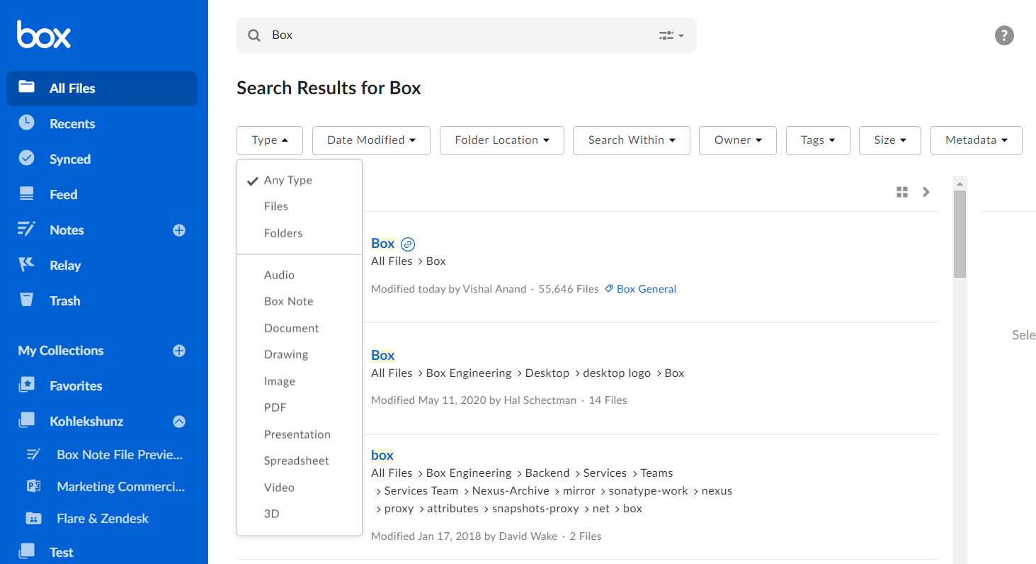 Image of Box search, where it highlights the unique location of its files through breadcrumbs to help its users find the right result.