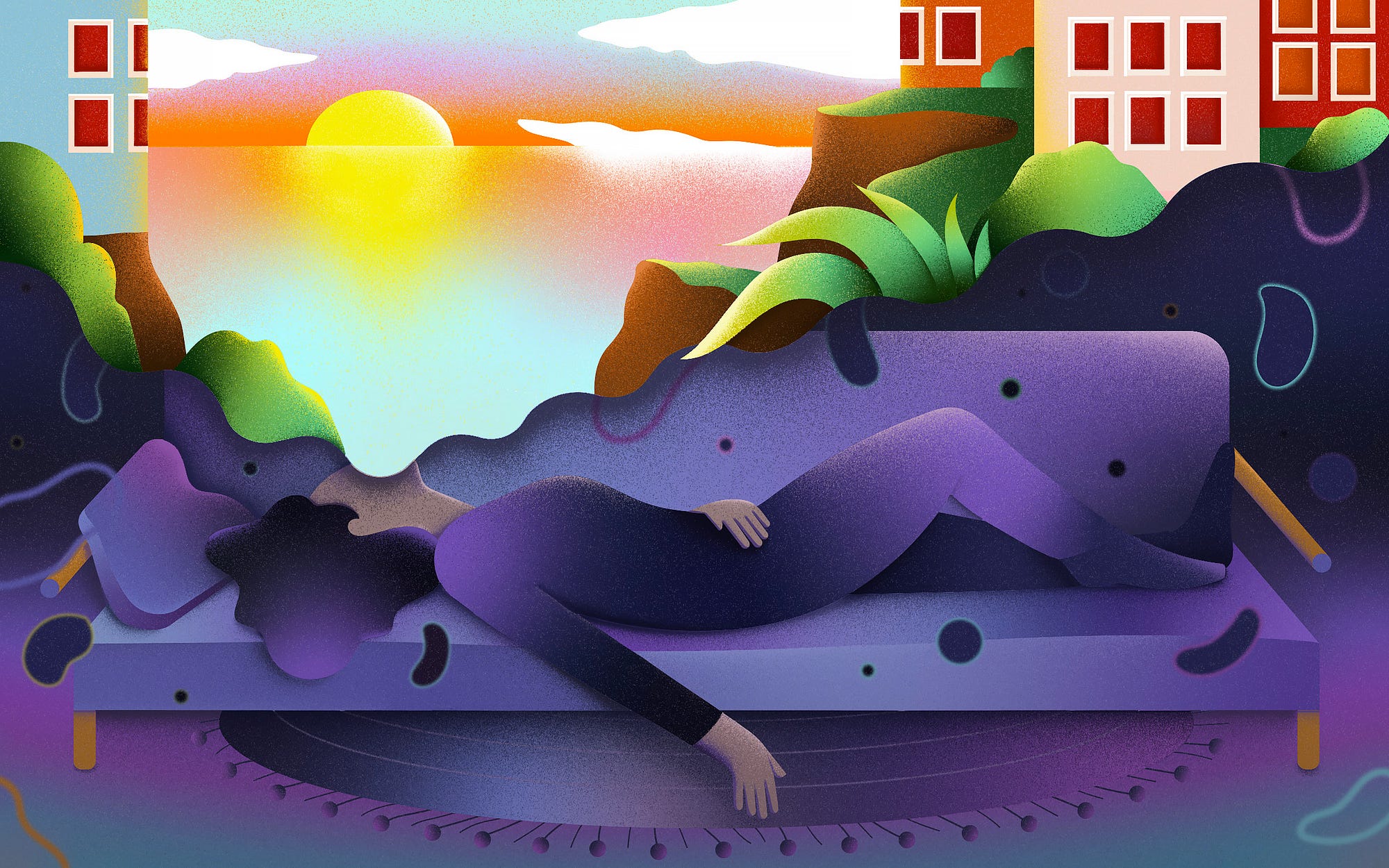 An illustration of a fatigued person, lying down on a bench and dreaming of a brighter day.
