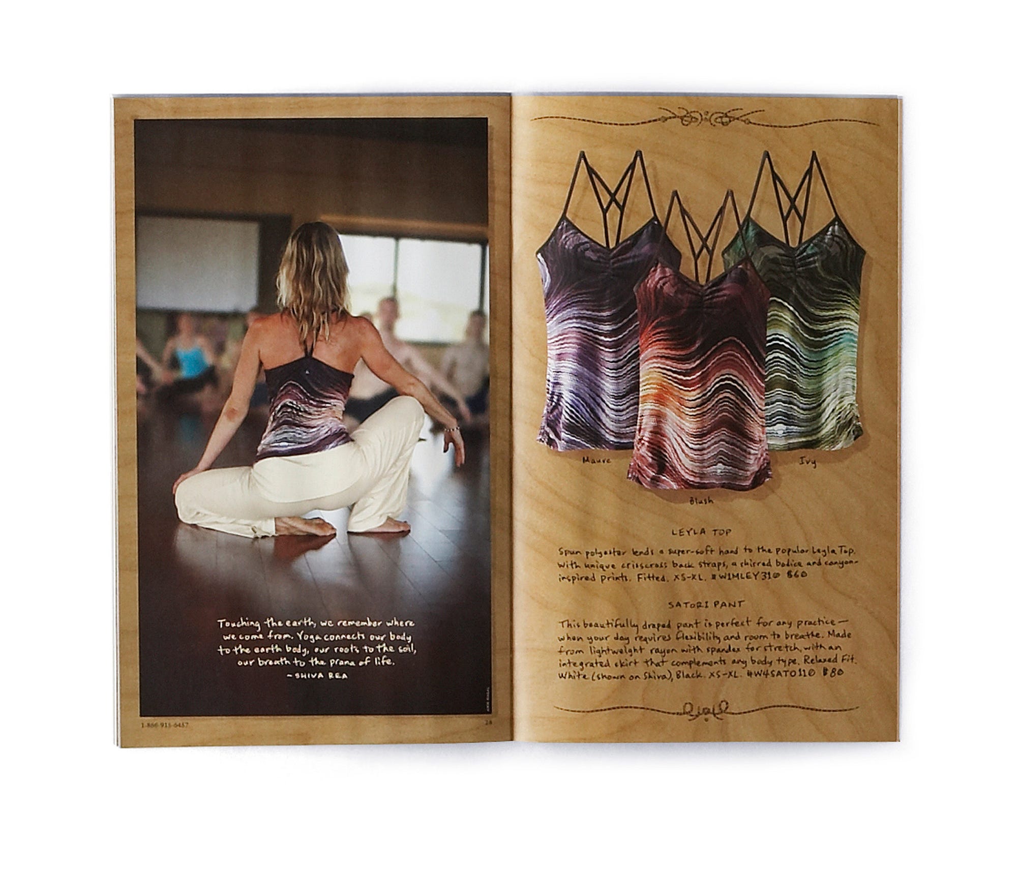 Interior of prAna catalog featuring yoga tops
