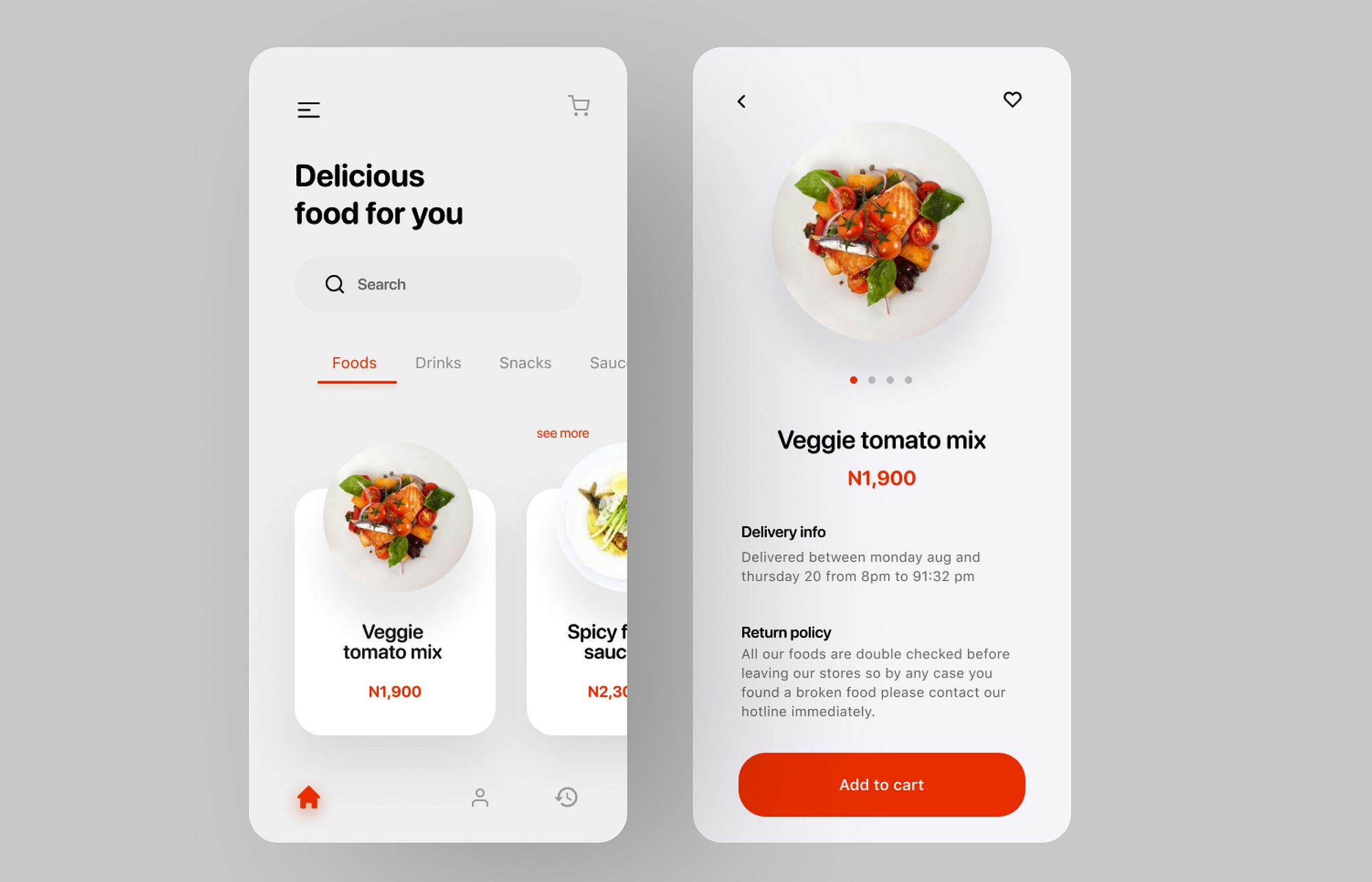 Home screen of Bella Food app Ui/ux