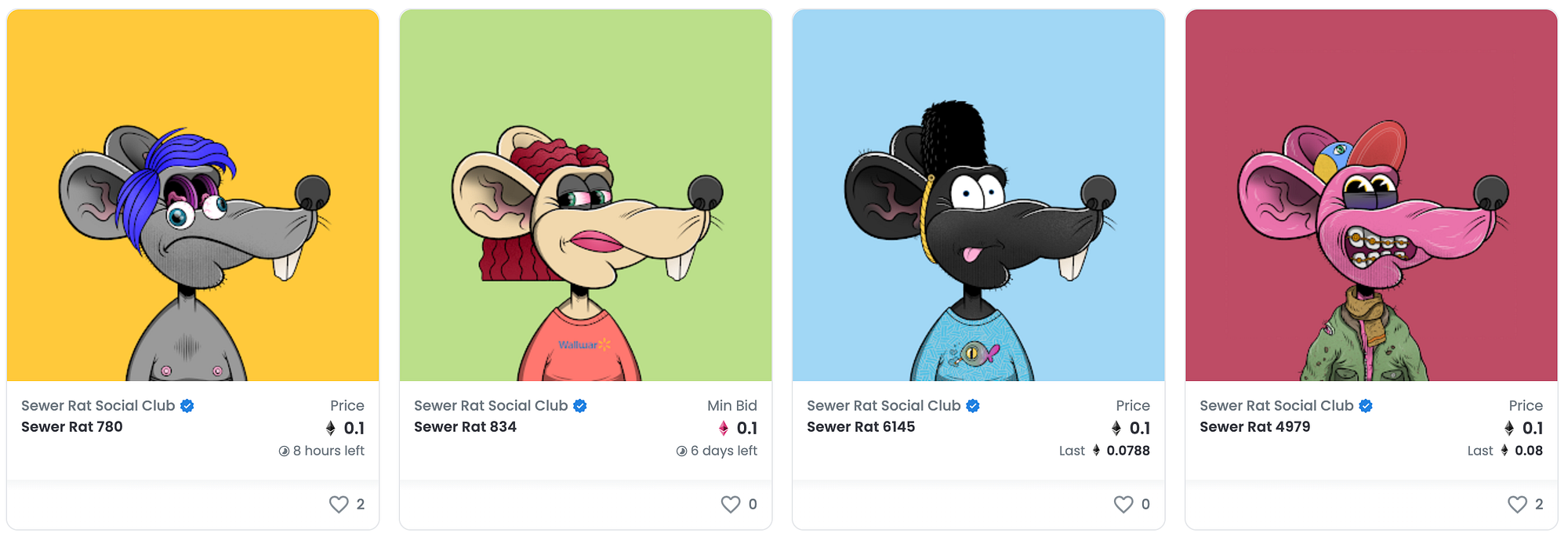 Four cartoon rats from the Sewer Rat Social Club NFT collection, for sale on the OpenSea marketplace.
