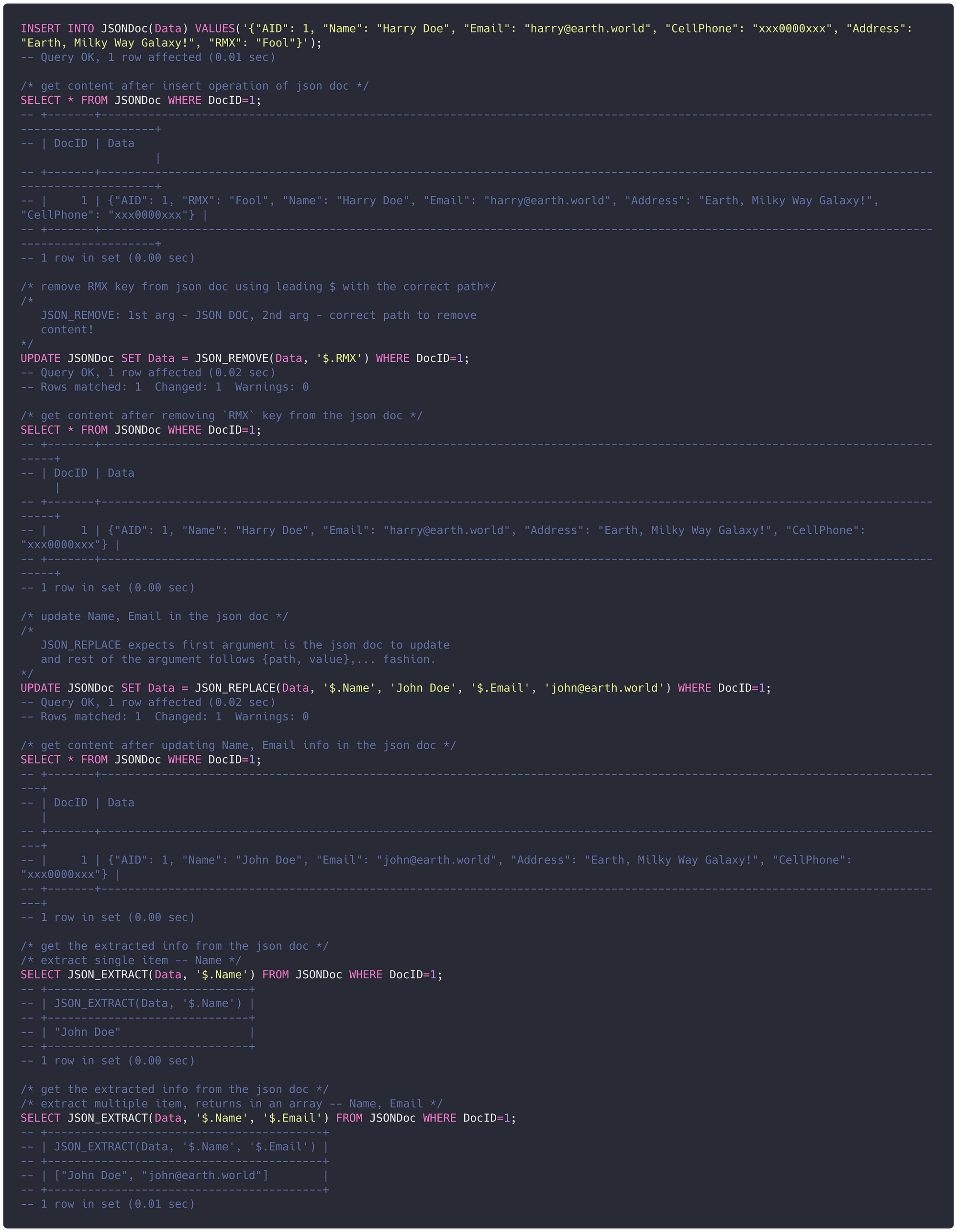 Working with MySQL JSON data type with prepared statements, using