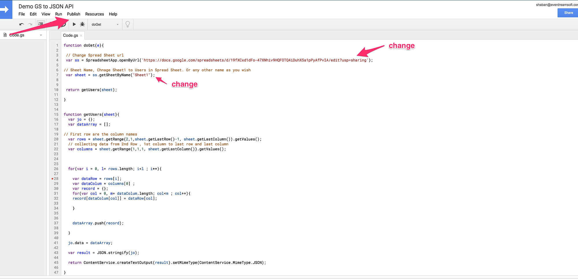 Convert your Google Spreadsheet into a JSON file or JSON API by
