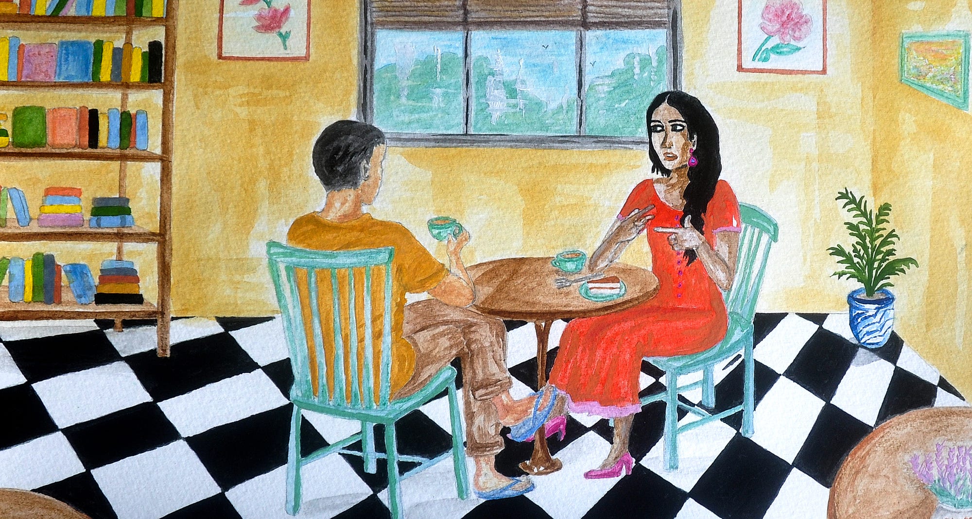An illustration of two people seated across a table in a room and having a conversation. One of them is signing to the other.
