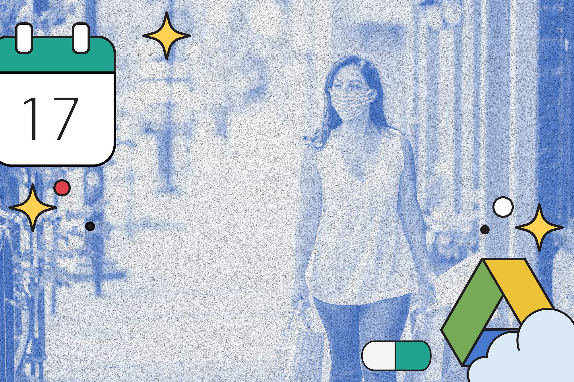 Woman wearing face mask holding grocery bags on the street with Google Drive icons in foreground.