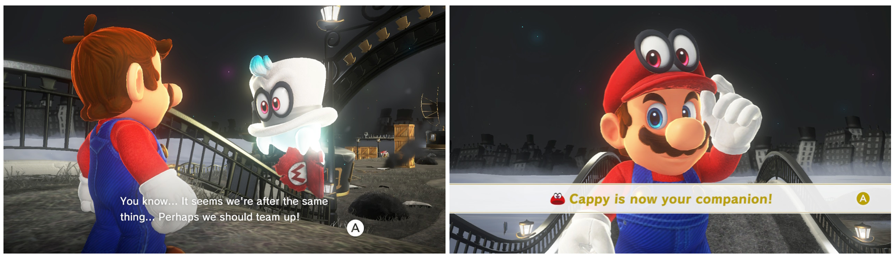 Mario wearing Cappy the hat on his head