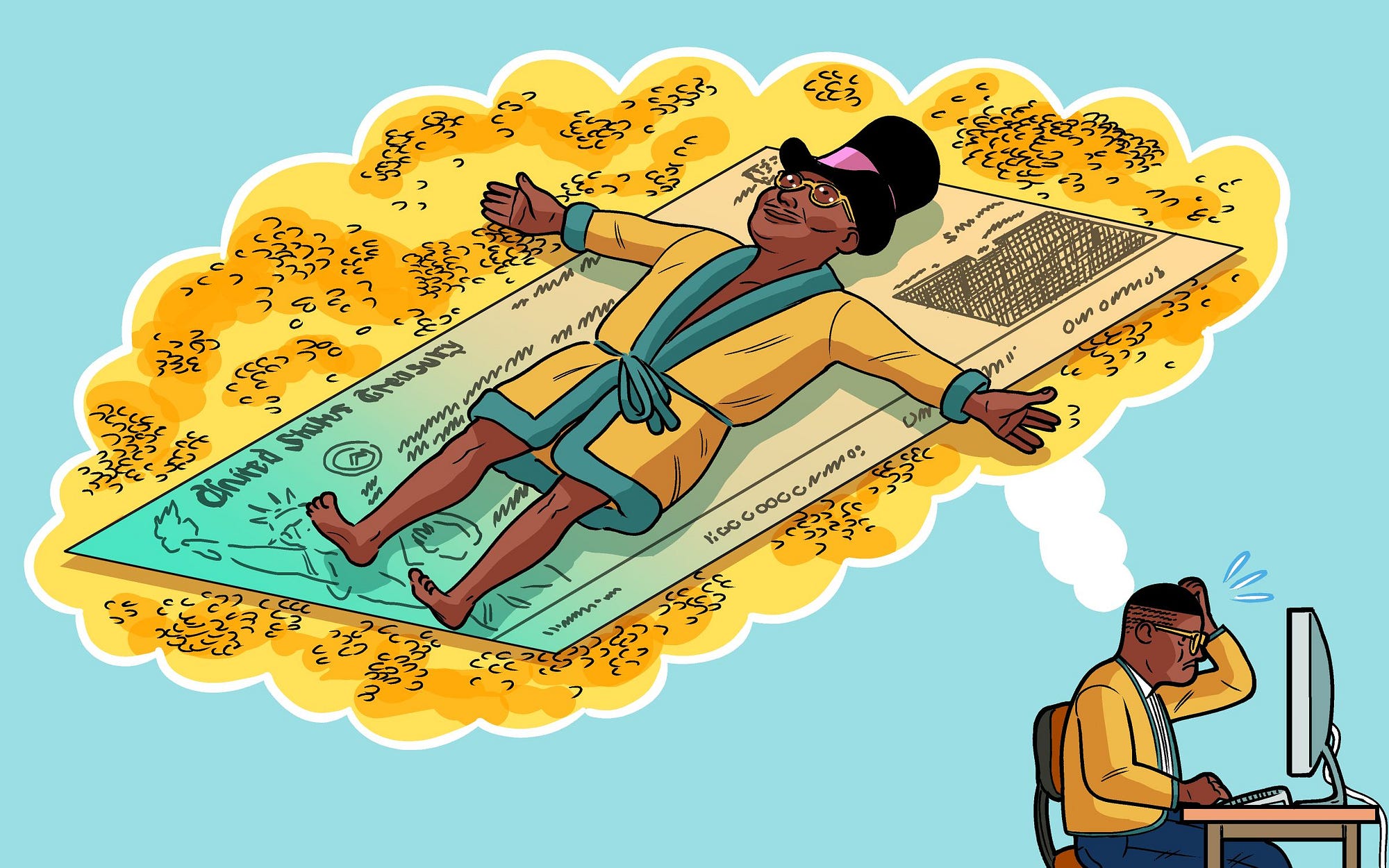 Illustration of a man working at a computer daydreaming of being a rich man lying on a big check.