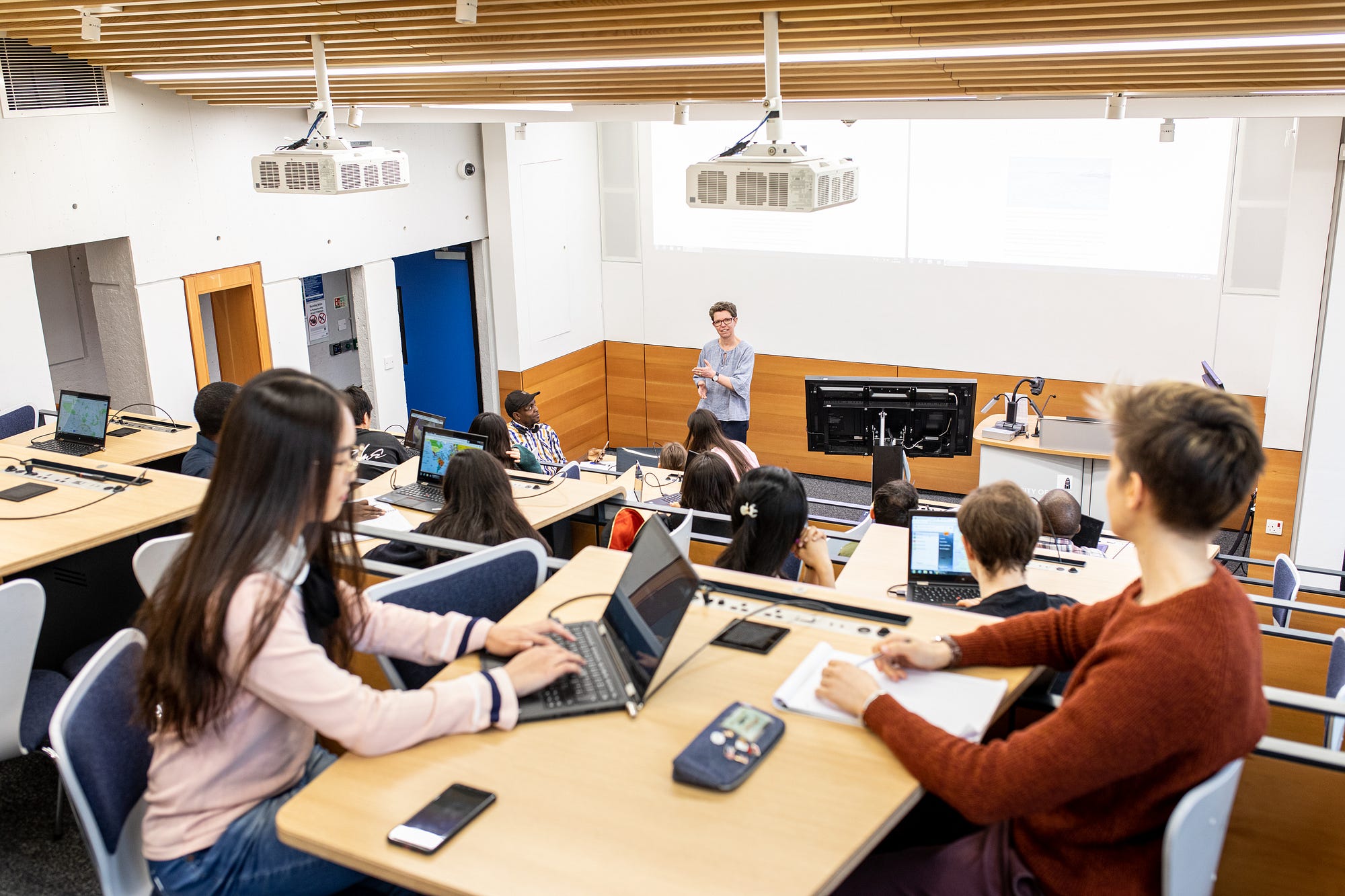 Students in a lecture theatre at the University of Leeds.