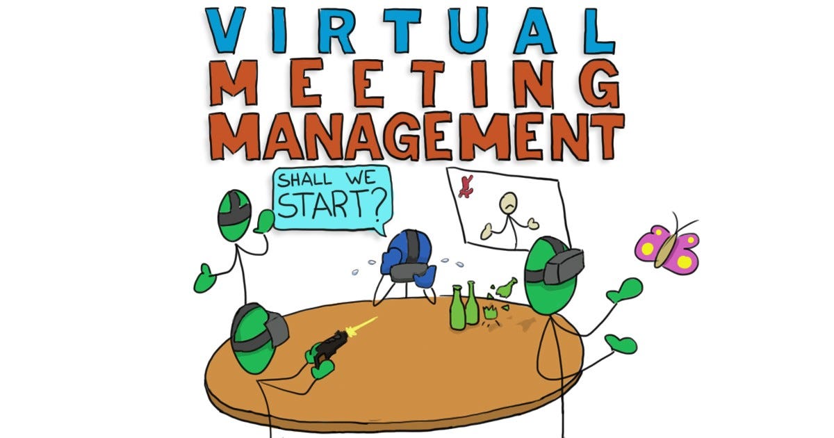 A sketched out scene of a person desperate while managing distracted participants during a VR meeting