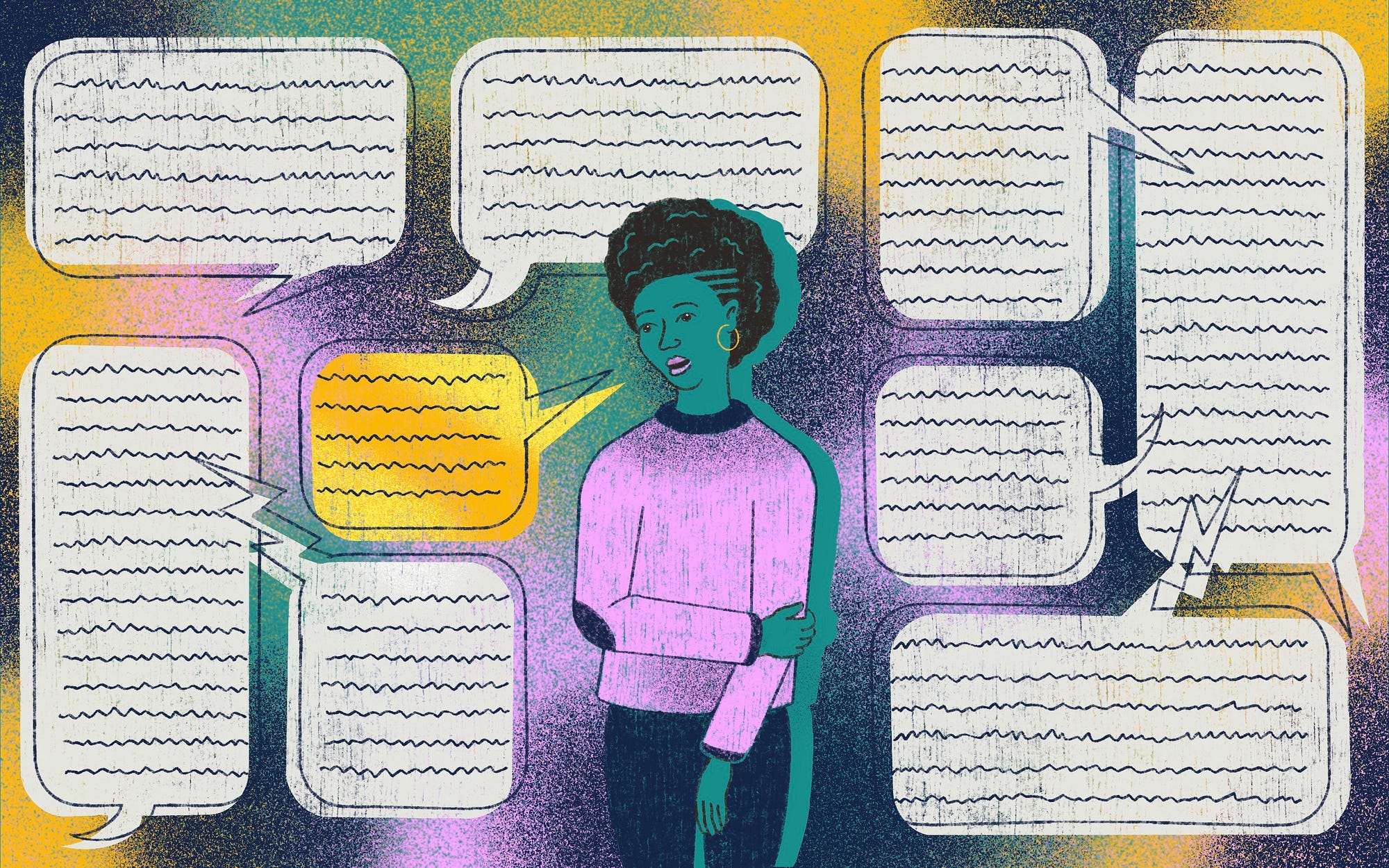 An illustration of a black person surrounded by text bubbles.