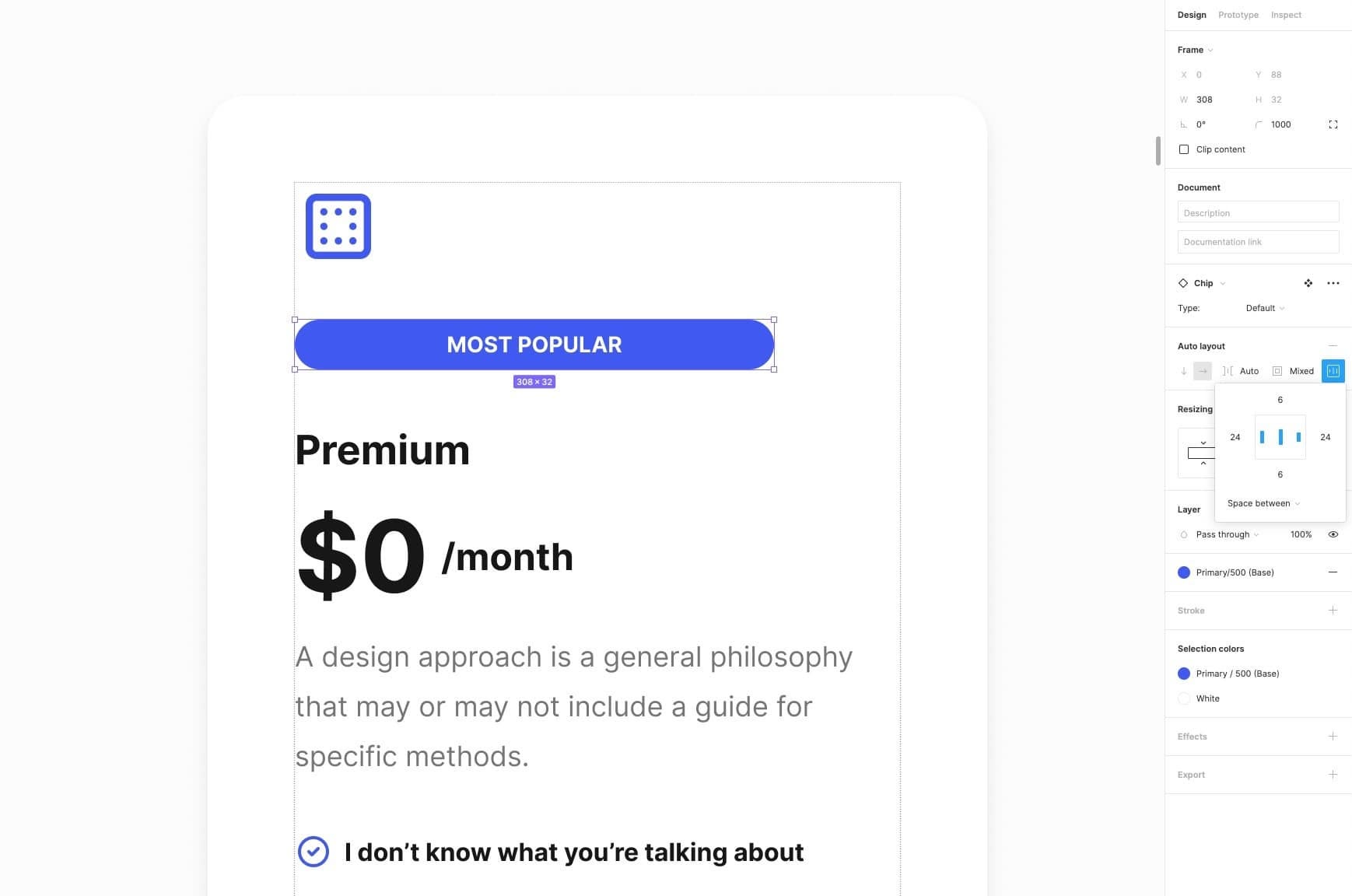 An example of the Auto Layout spacing options being used on a design in Figma