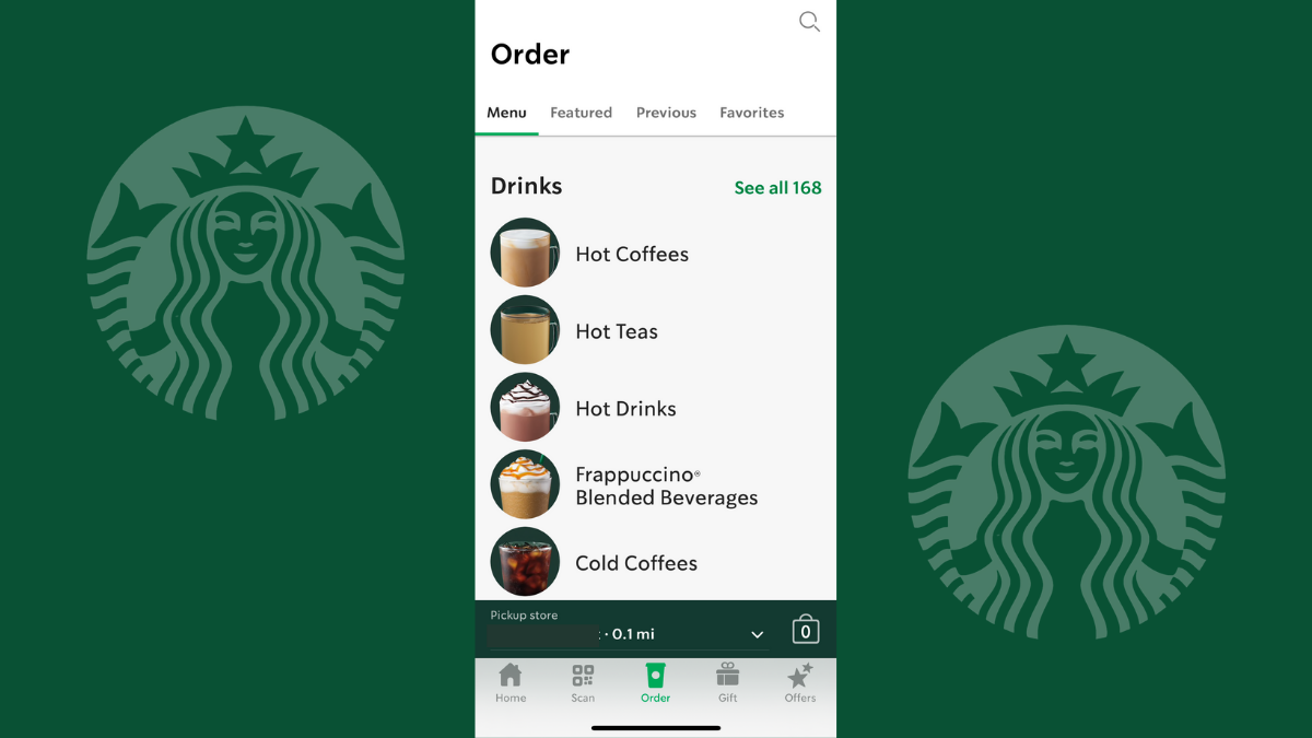 Starbucks app menu