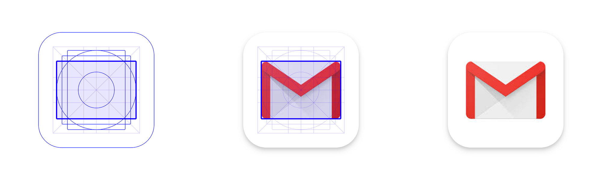The Gmail icon uses the landscape rectangle keyline from Material's Play Store grid