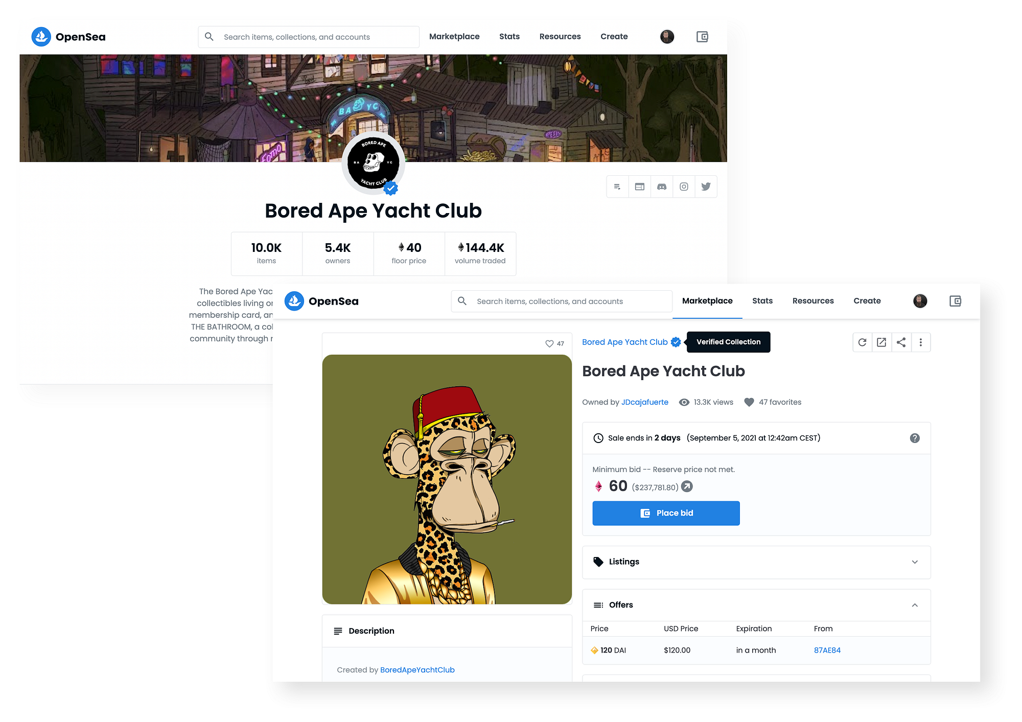 Two screenshots of the Bored Ape Yacht Club on the OpenSea marketplace.