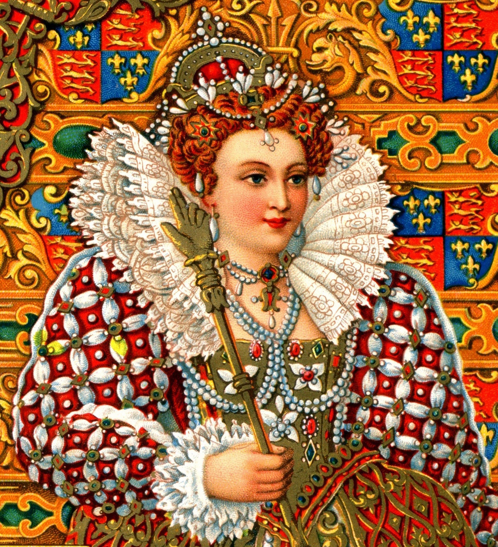 Queen Elizabeth the First, in colorful dress