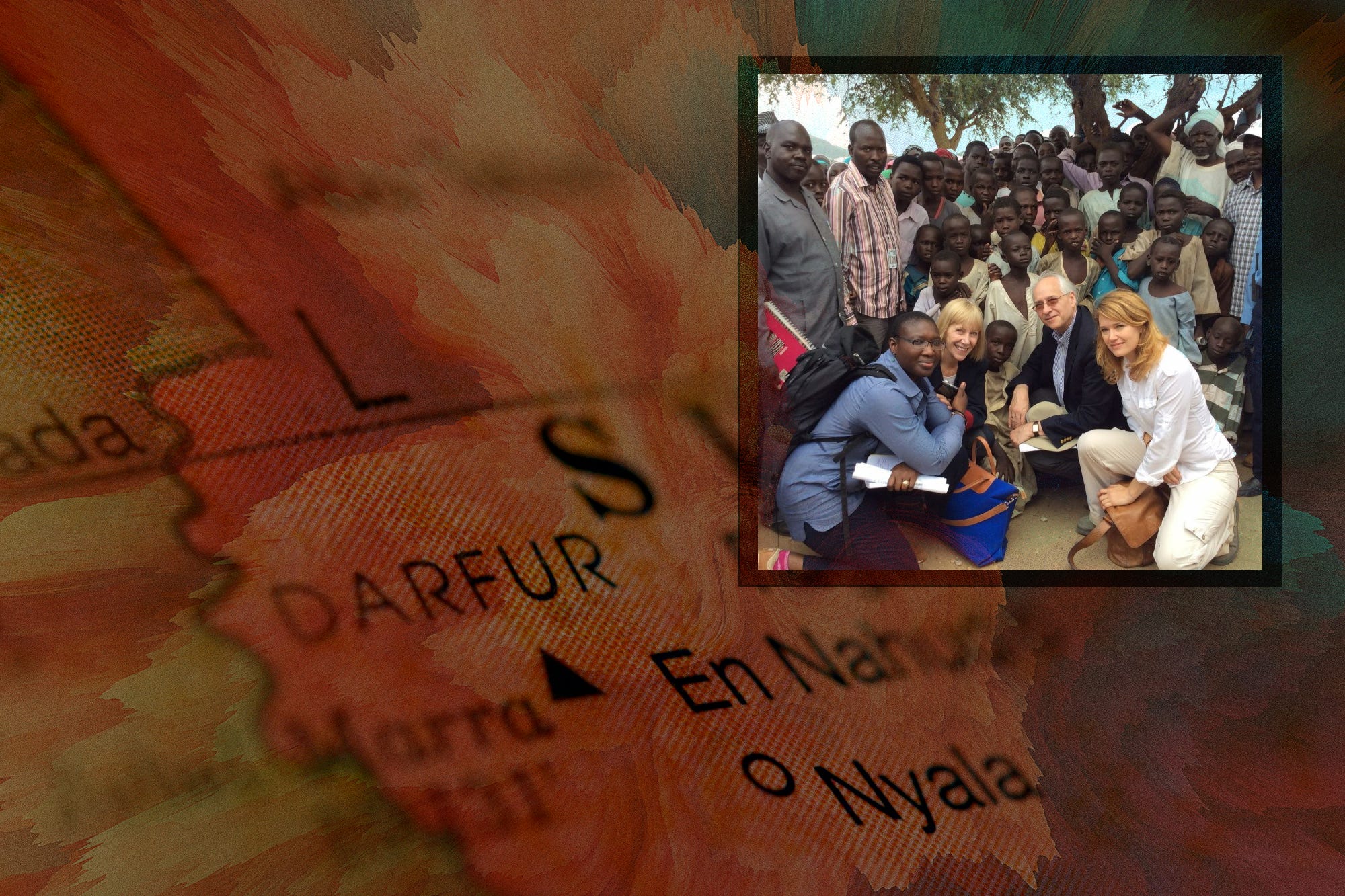 Jacqueline Burns, bottom right, with former Special Envoy for Sudan and South Sudan, Ambassador Donald Booth, at an Internally Displaced Person camp in Darfur, Sudan, 2016. Photo courtesy of Jacqueline Burns; images by oxygen and JeanUrsula/Getty Images; design by Chara Williams/RAND Corporation