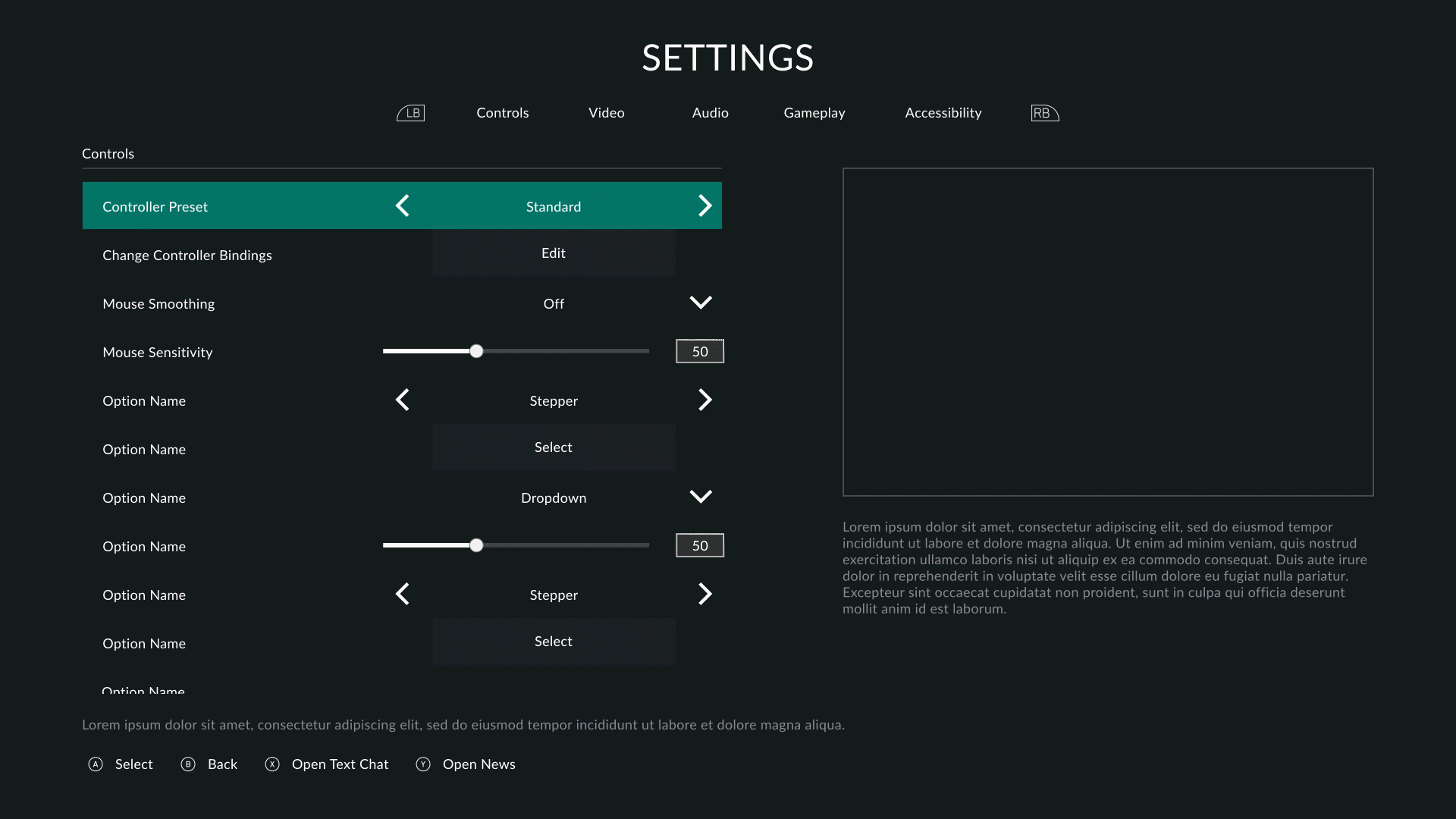 Image of Settings screen, showing what we need to read when the player changes their selection.