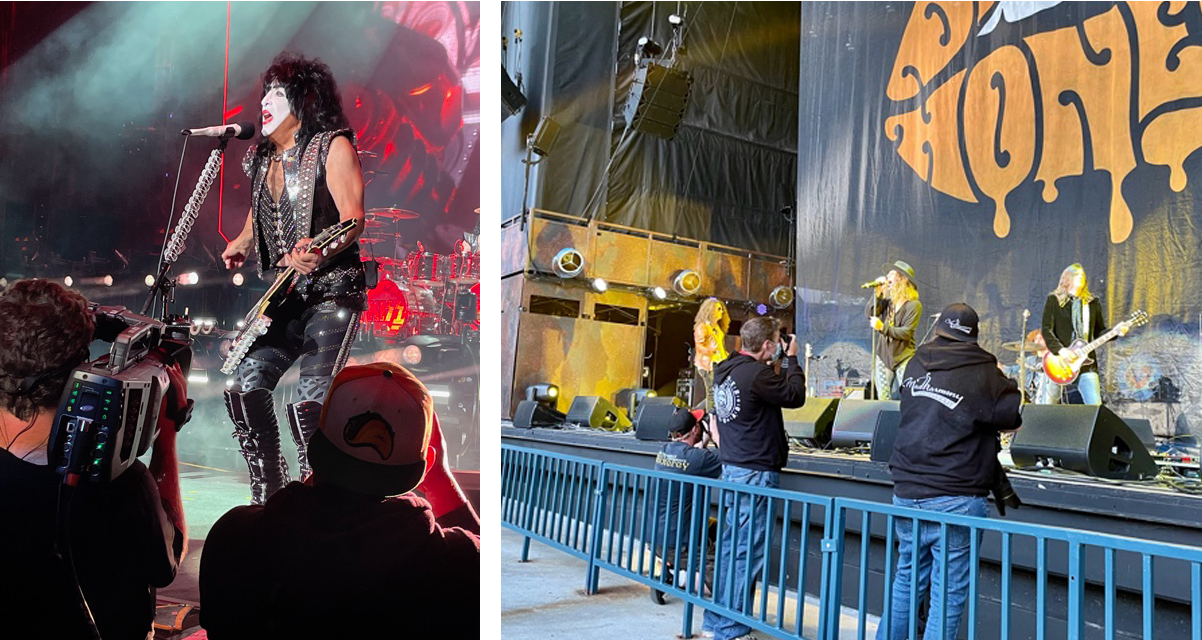 Two photos side-by-side: Paul Stanley of the band “Kiss”and members of the band “Dirty Honey”