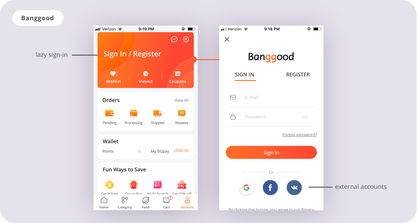 Screenshots of the Banggood app's account and sign-in screens; shows lazy sign-in and external accounts options