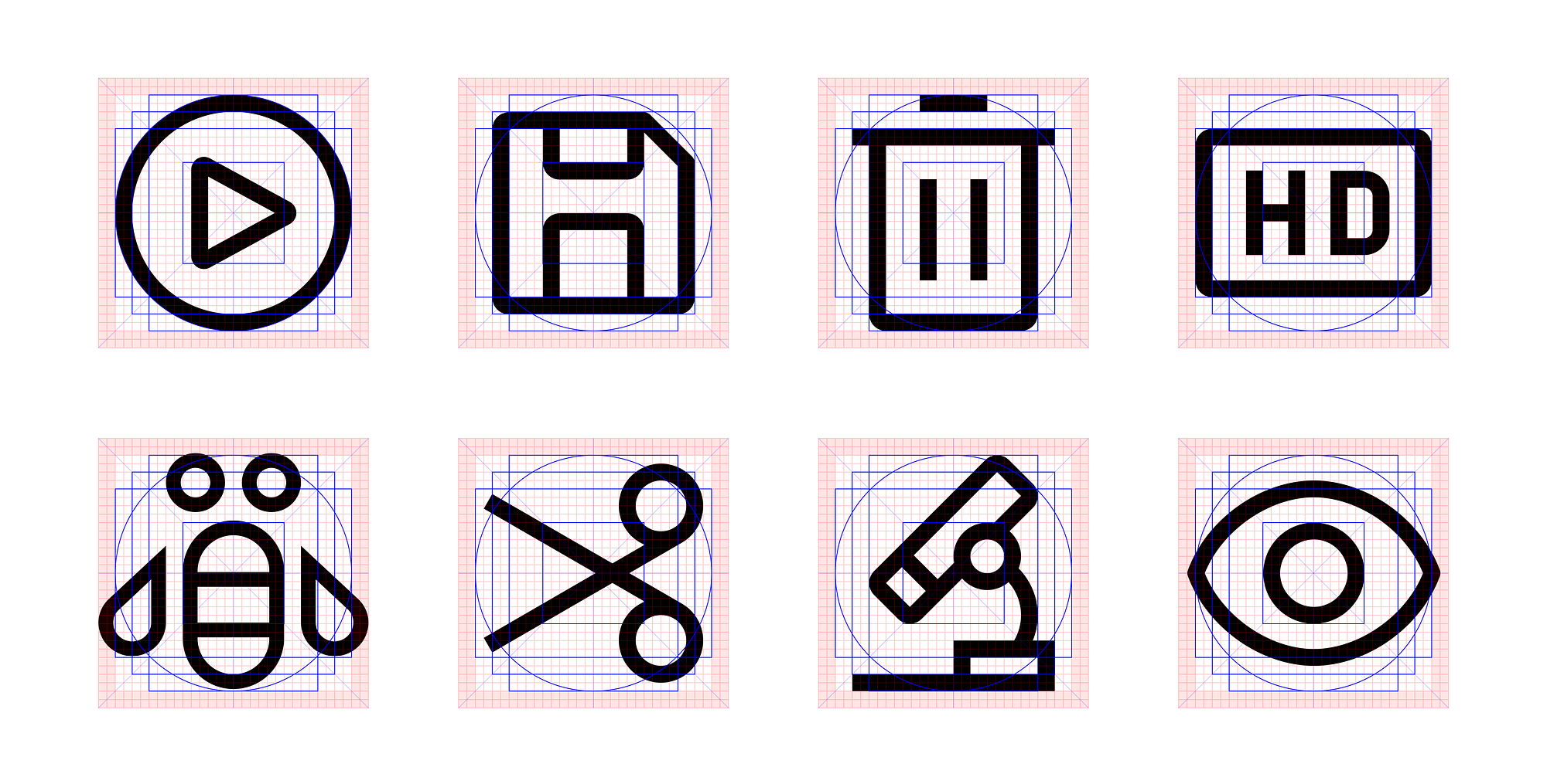 IBM icon against their grid (left to right, top to bottom): Play, Save, Delete, HD, Bee, Cut, Microscope, and Eye