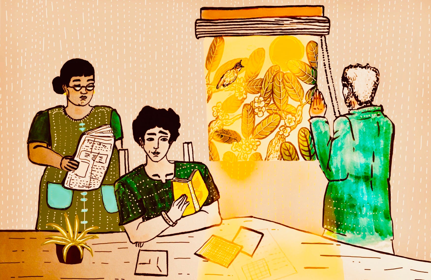 A person sits at a table and reads a book. Behind them, a person reads a newspaper and another draws up window blinds.