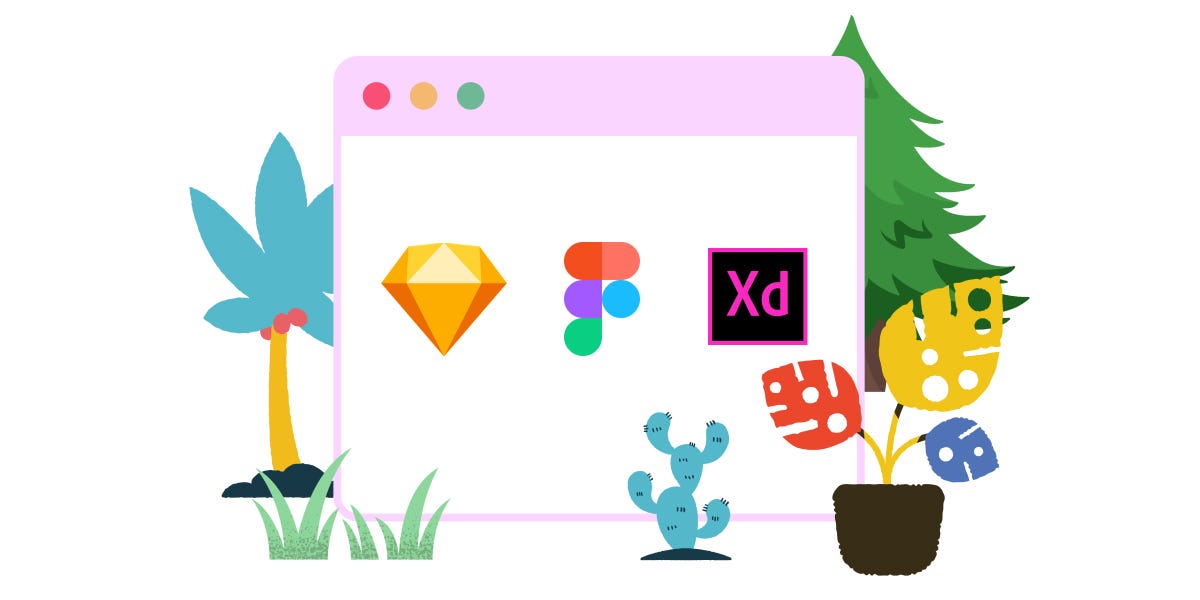 An illustration of Sketch, Figma, and Adobe XD logo inside of a browser window.