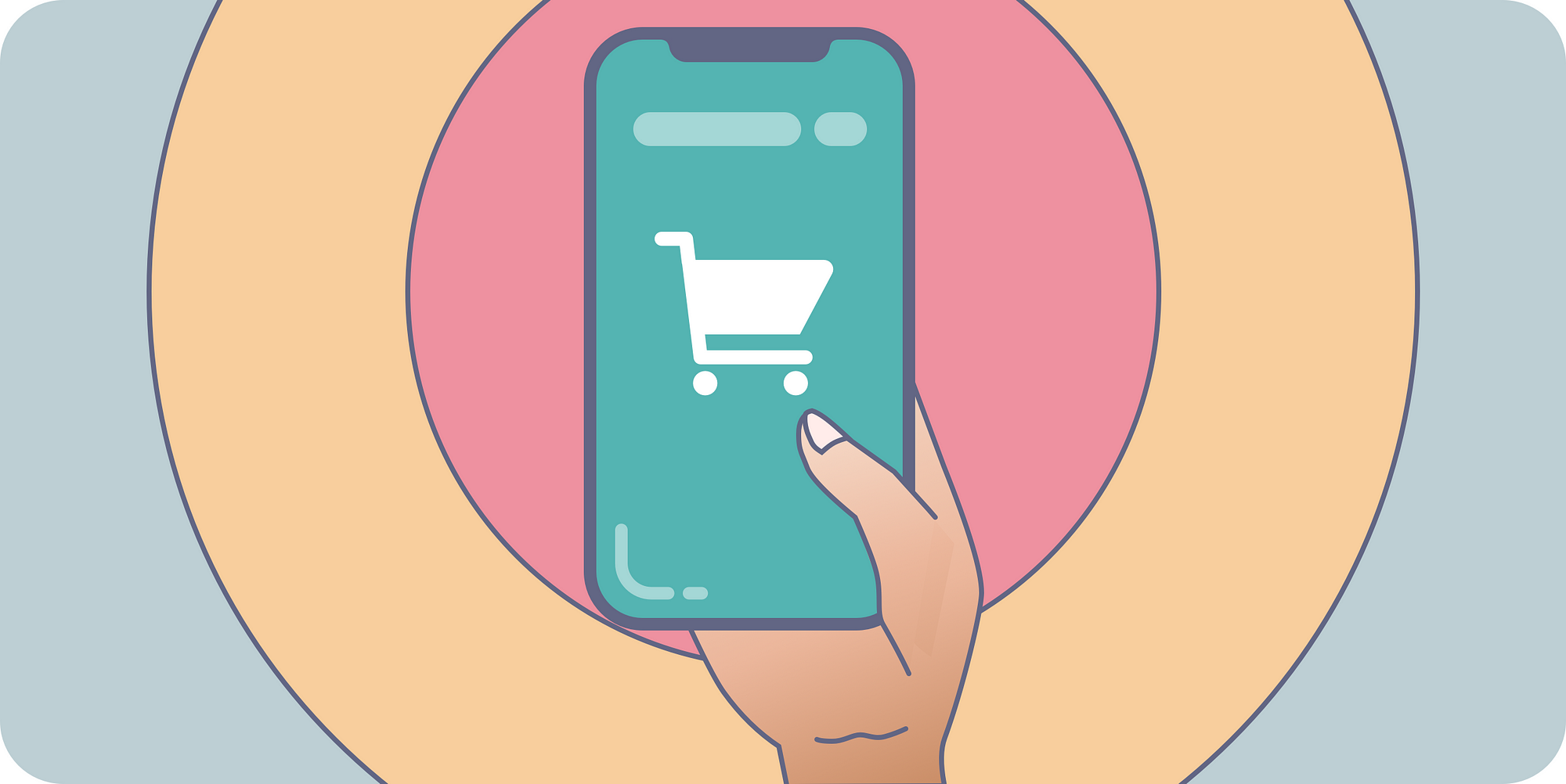A hand holding an smartphone with a shopping cart icon on it