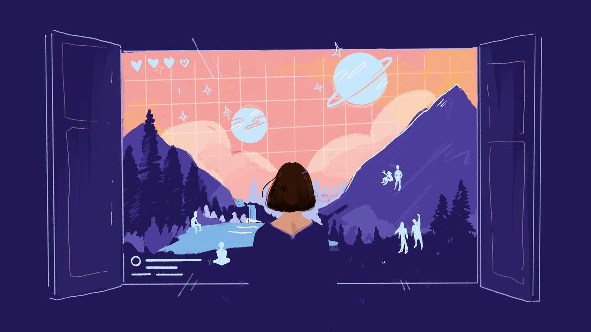 A woman looks out a window to see an idyllic world.
