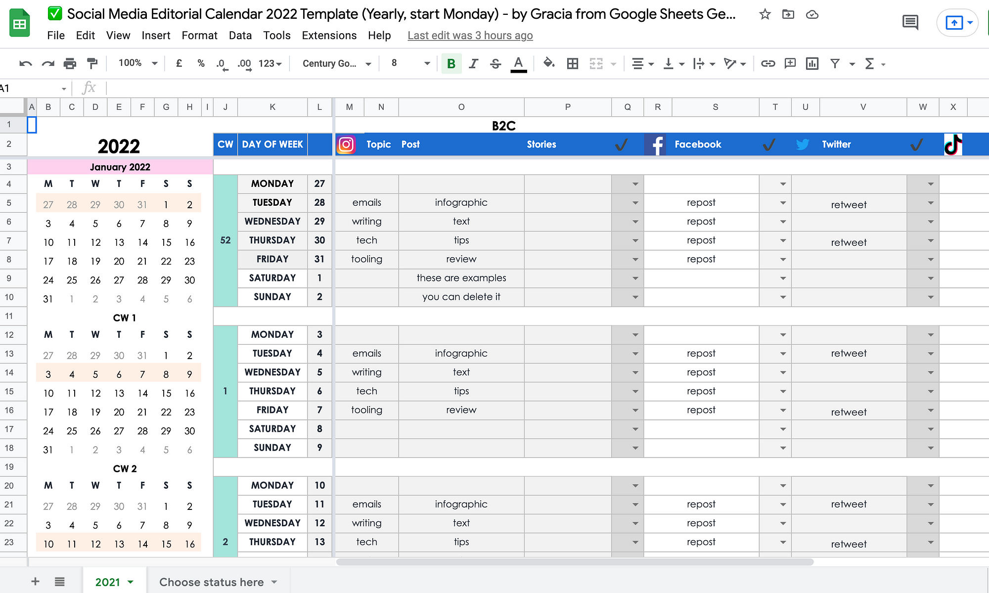 Updated For 2022: Google Sheets Social Media Editorial Calendar 2022 For Your Personal Brand Or Small Business (Free Template) | By Gracia Kleijnen | Google Sheets Geeks | Dec, 2021 | Medium