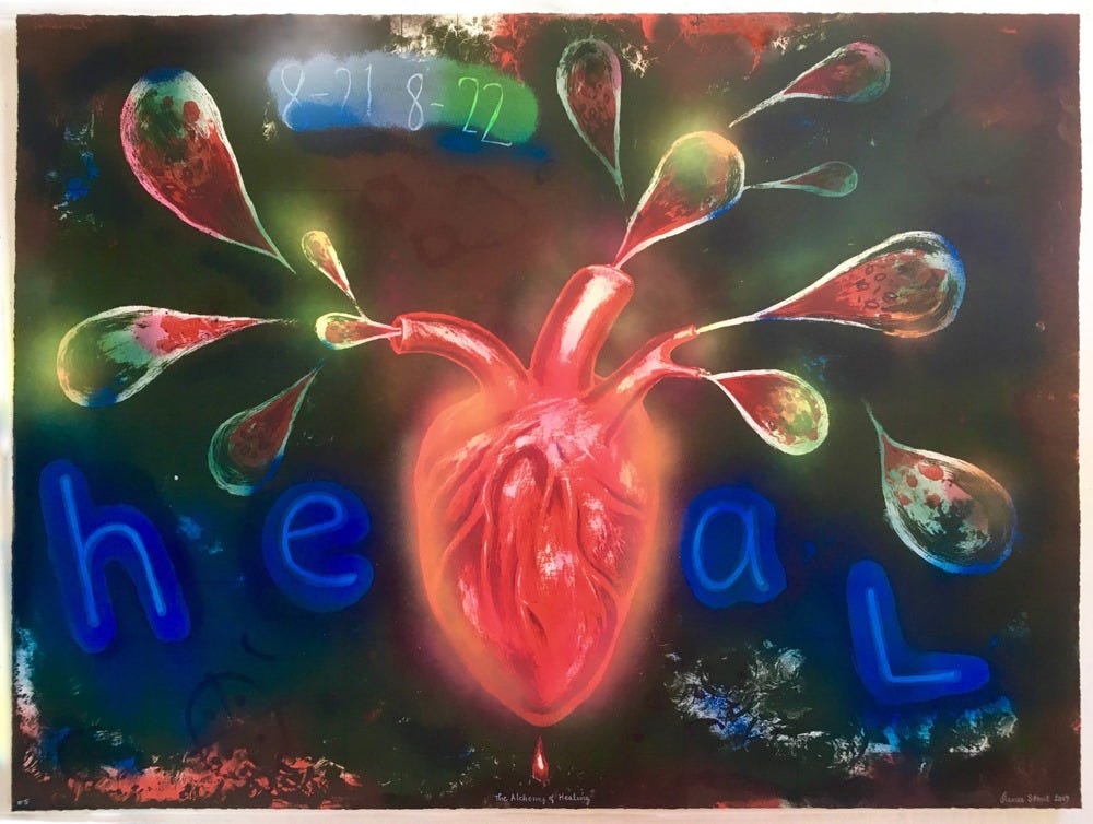 Painted image of a heart with colorful droplets emanating from it and the word heal written in large blue letters.