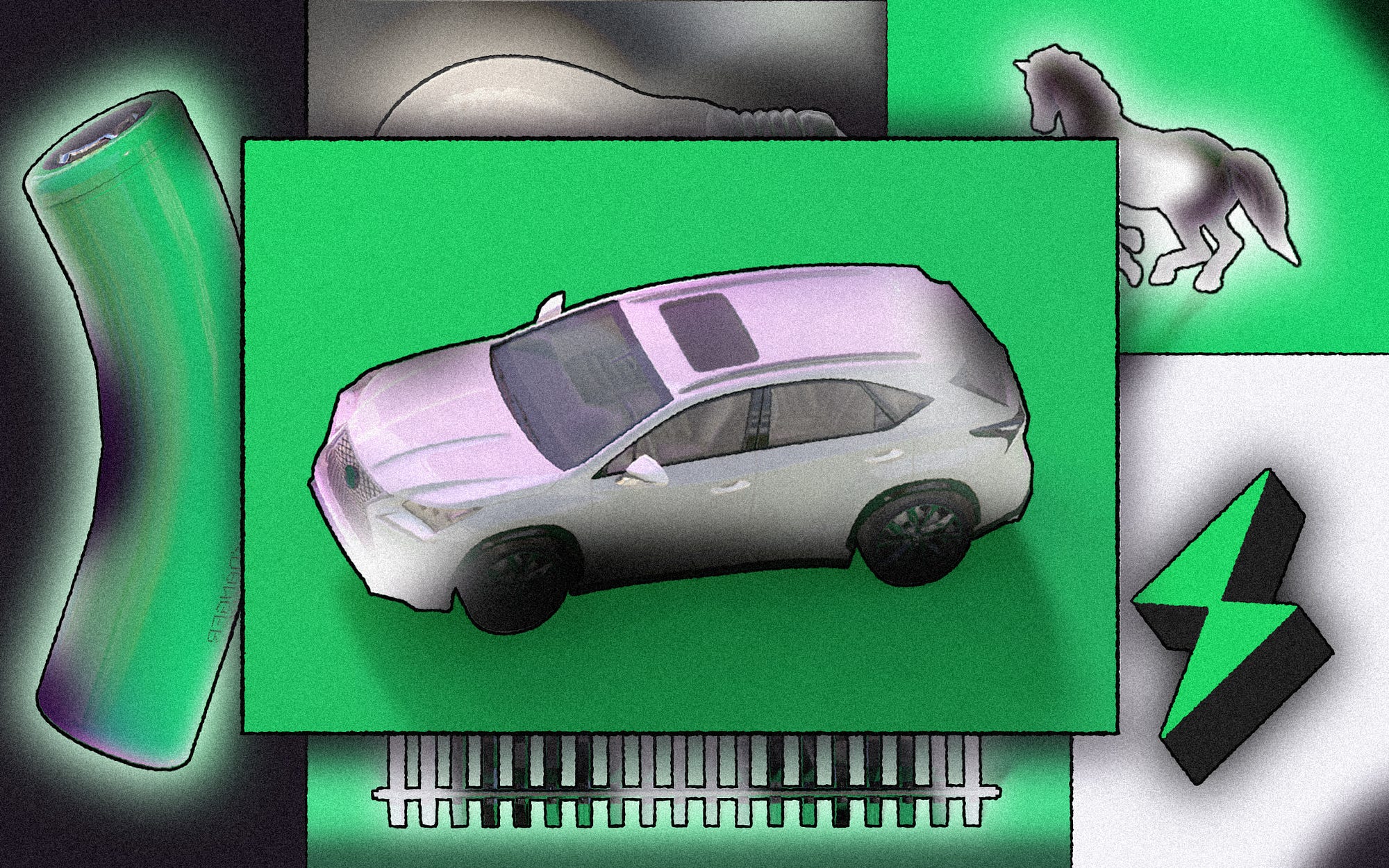 An illustrated collage with an electric vehicle, a battery, a charge symbol, a lightbulb, and more.