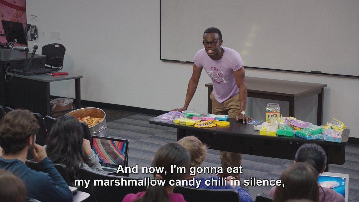 And now, I’m gonna eat my marshmallow candy chili in silence
