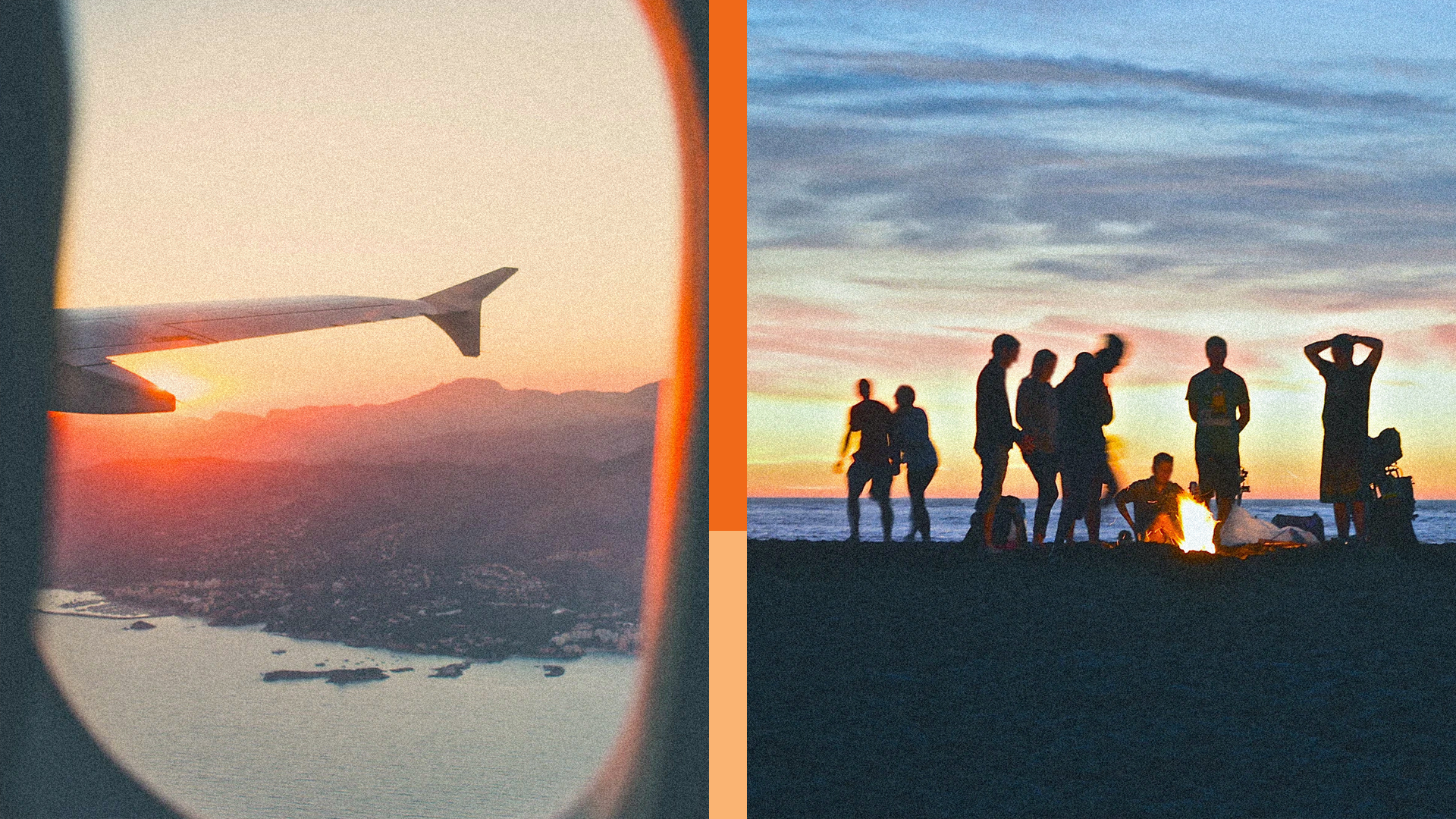 On the left, an airplane wing seen from the inside of the plane. On the right, a group of people gather around a beach bonfire at dusk.