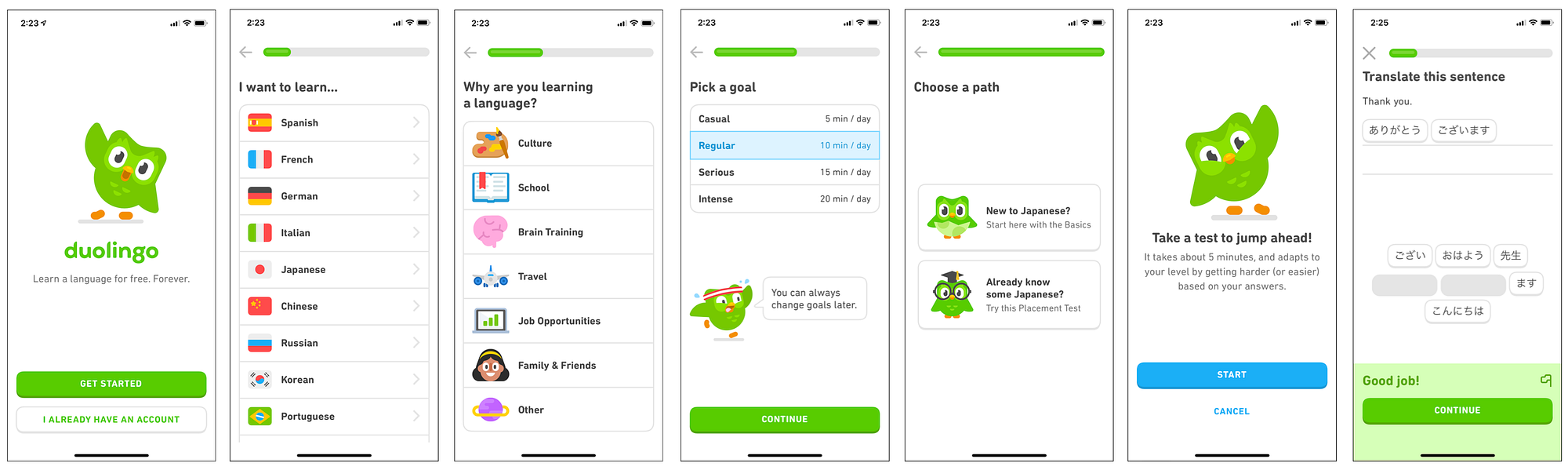Duolingo's initial onboarding journey on mobile screen. Users pick their language preferences and learning goals and motives.