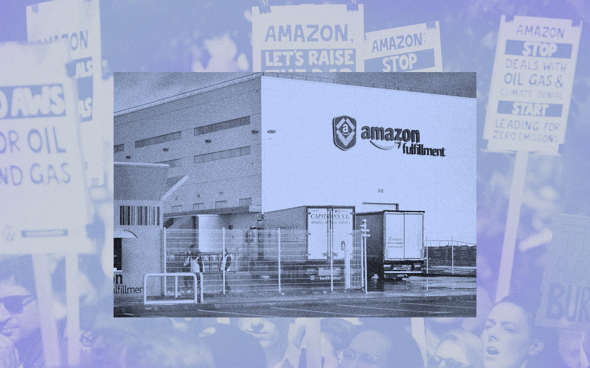 A treated photo collage of an Amazon warehouse facility juxtaposed on top of an Amazon workers protest.
