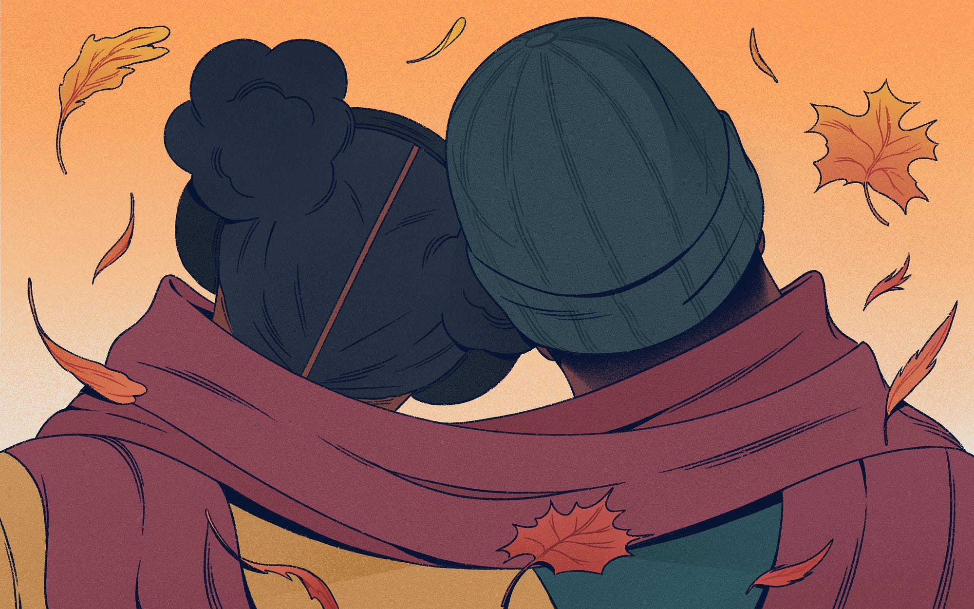 Illustration of a couple leaning their heads each other.