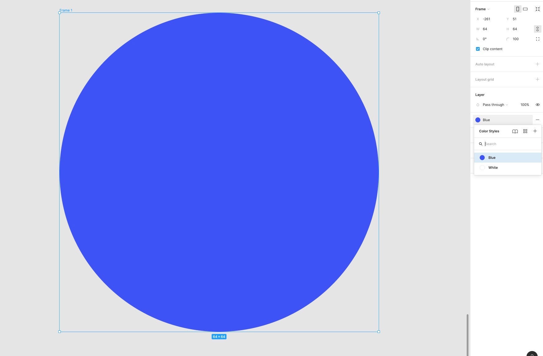A circular shape in Figma with the colour Blue applied to it