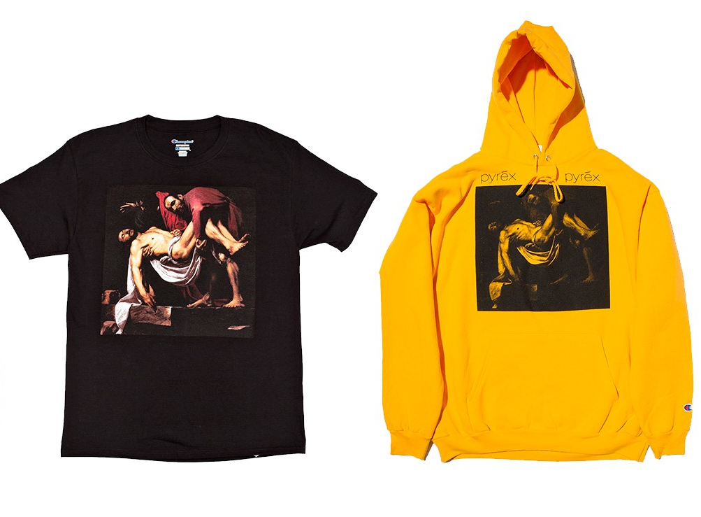 A black T-shirt and a yellow hoodie designed by Virgil Abloh with an image of a Caravaggio painting.