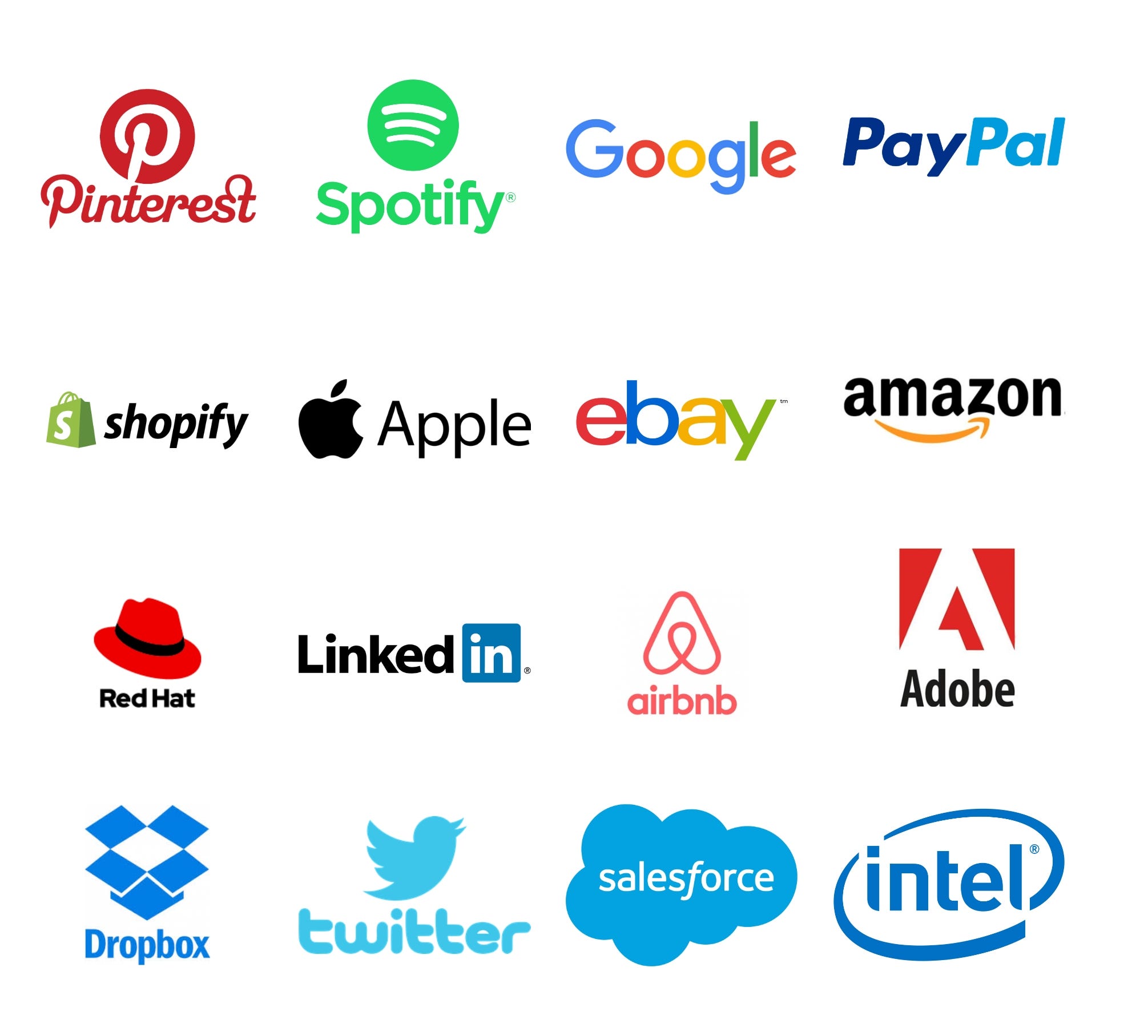 Silicone valley logos Pinterest spotify Google Paypal Shopify Apple ebay amazon Red Hat linkedin Airbnb Adobe Dropbox Twitter Salesforce intel Silicone valley logos Pinterest spotify Google Paypal Shopify Apple ebay amazon Red Hat linkedin Airbnb Adobe Dropbox Twitter Salesforce intel