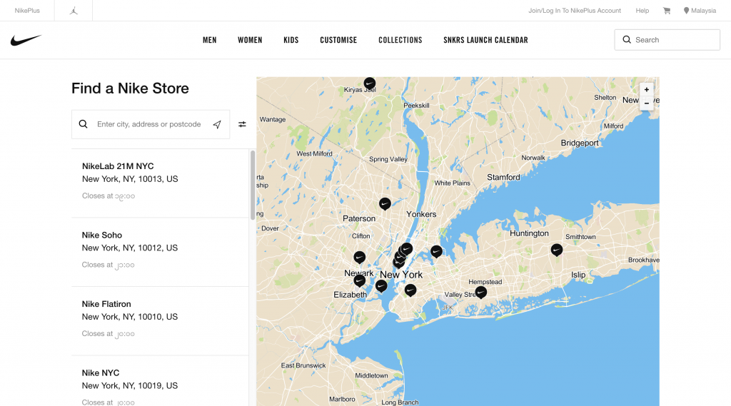 nike store locations map