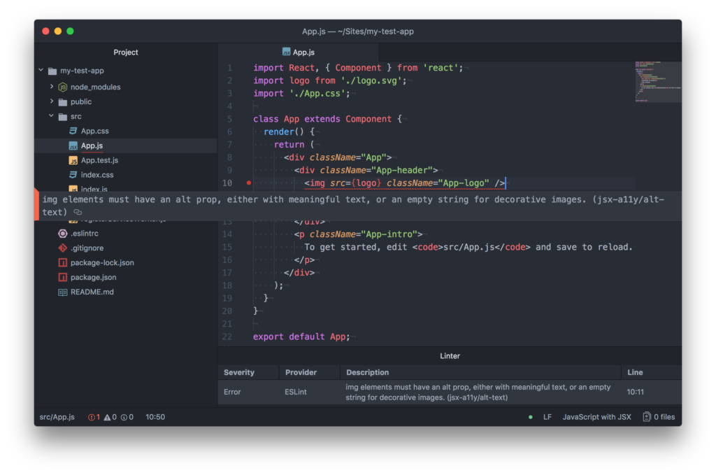 Capture d'écran de l'éditeur de texte Atom. La ligne de code qui inclut le logo de l'image sur la page comporte un soulignement rouge, indiquant une erreur. Lorsque la ligne de code erronée contient le curseur, un message flottant par-dessus indique : "les éléments img doivent avoir une prop alt, soit avec un texte significatif, soit une chaîne vide pour les images décoratives. (jsx-a11y/alt-text)