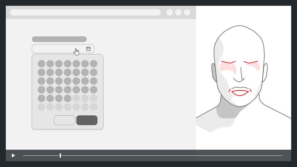 on the left a screen capture with interactive calendar, on the right the face of the user with expression of fear