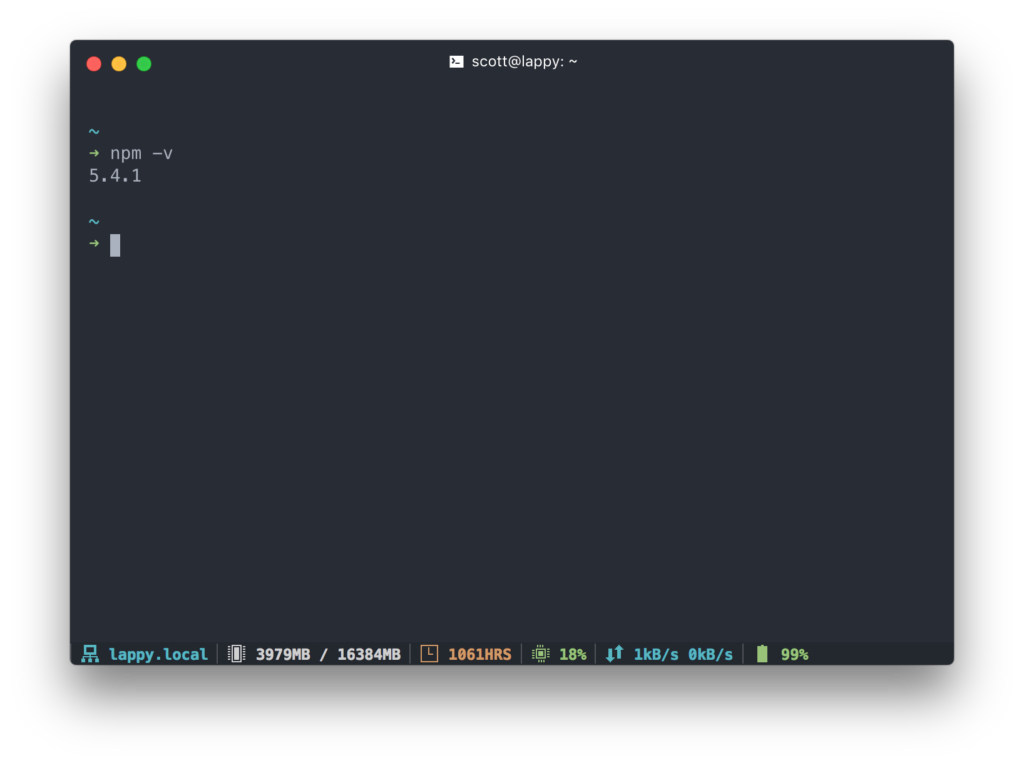 Screenshot meiner Terminalanwendung Hyper Terminal mit der Ausgabe des Befehls „npm -v“. Der resultierende Text zeigt „5.4.1“ an.