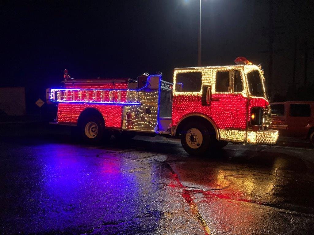A lighted fire truck in the Yakima Valley School parade.