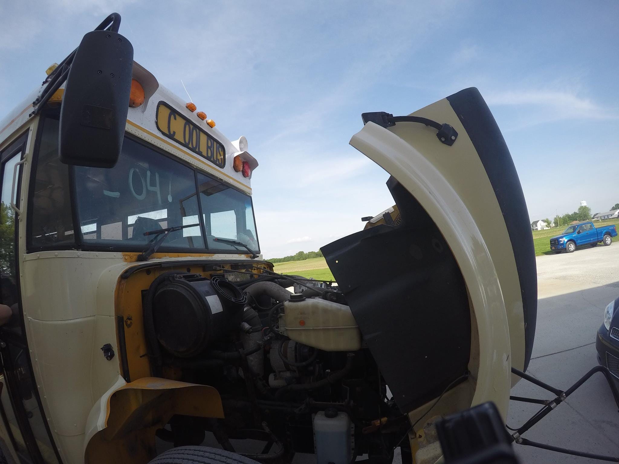 the front hood of the bus open