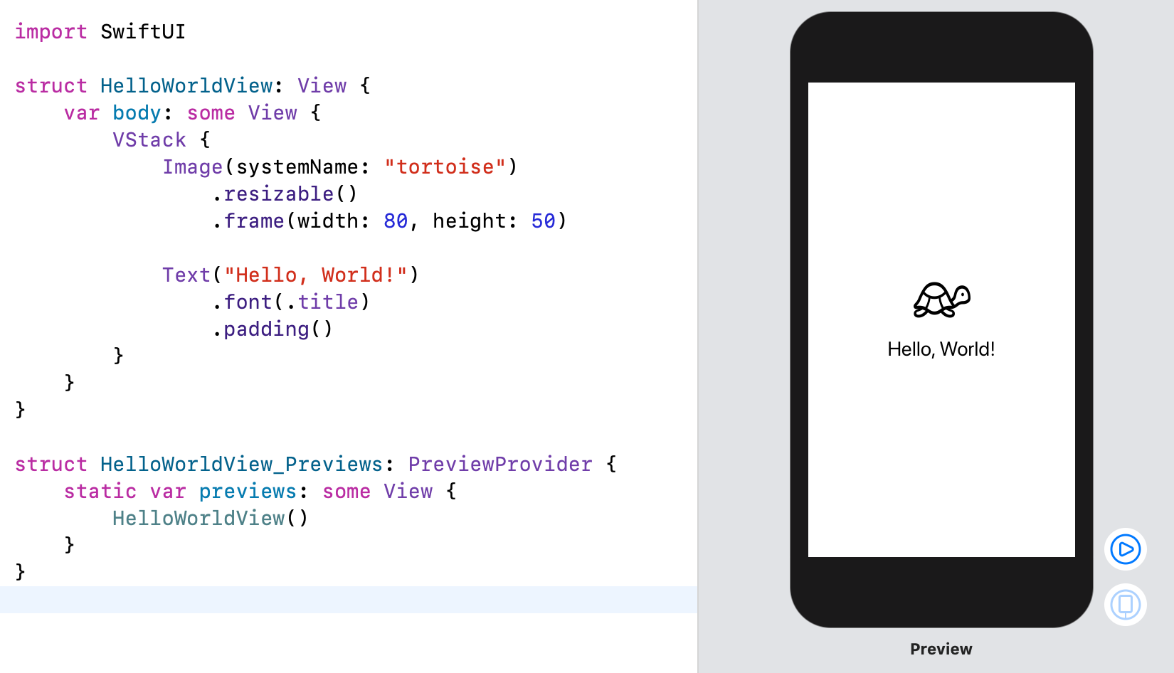 An example of a piece of code and its visual representation side by side in SwiftUI.