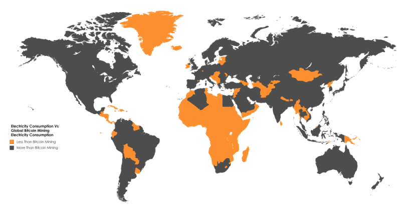 map showing countries consuming less electricity than bitcoin