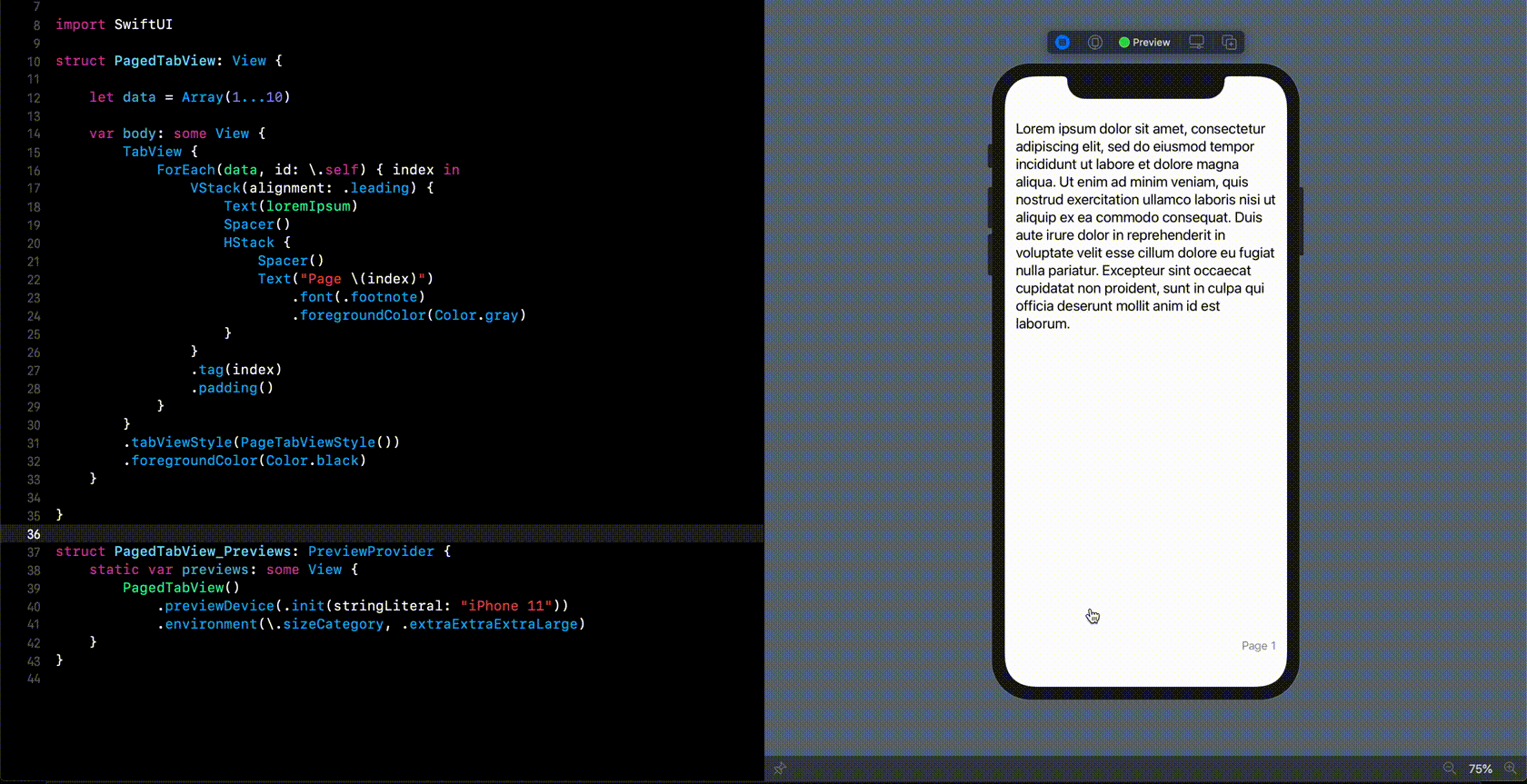 Example of pagination in SwiftUI with TabView. Follow link in the caption to see the code