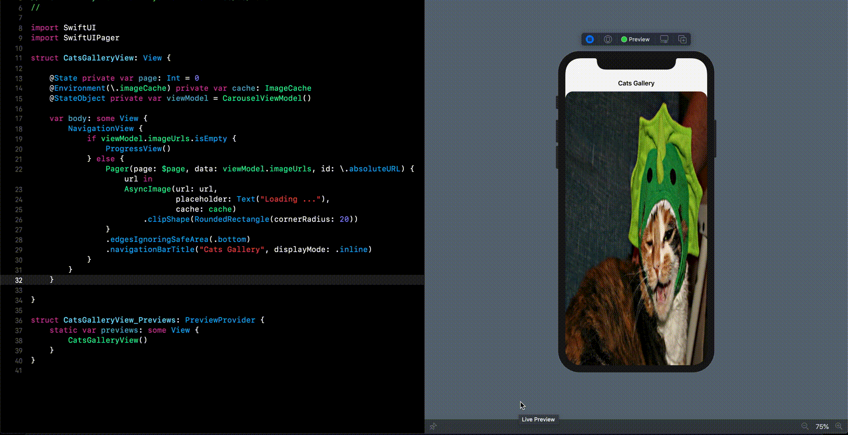 Basic use of SwiftUIPager to create a gallery. Follow the link in the caption to see the code
