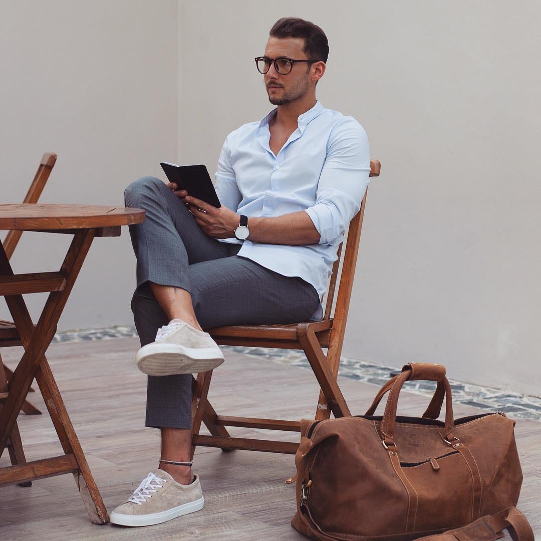 grey chinos white shirt